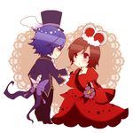  1girl :&lt; bad_id bad_pixiv_id blue_hair brown_hair chibi couple crown dress frown gown hat hetero holding_hands kaito meiko muro_(ninimohu) red_dress red_eyes short_hair smile top_hat vocaloid 