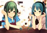  aqua_eyes aqua_hair bad_id bad_pixiv_id blush green_eyes green_hair gumi hatsune_miku headphones heart ichiko_oharu long_hair multiple_girls smile vocaloid 