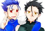  black_hair blue_hair dual_persona fate/stay_night fate/zero fate_(series) haine_(howling) lancer lancer_(fate/zero) male_focus multiple_boys red_eyes yellow_eyes 