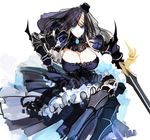  armor armored_dress blonde_hair blue_eyes breasts bursting_breasts cleavage cleavage_cutout dress elf highres huge_breasts long_hair looking_at_viewer pixiv_fantasia pixiv_fantasia_wizard_and_knight pointy_ears pupps solo sword weapon white_background 