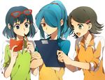  blue_hair clipboard eyewear_on_head glasses green_eyes green_hair hair_ornament hair_over_one_eye hairclip inazuma_eleven inazuma_eleven_(series) kazemaru_ichirouta kino_aki long_hair multiple_girls notebook otoko_no_ko otonashi_haruna pen ponytail red-framed_eyewear short_hair yorozuyozu 