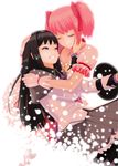  akemi_homura bad_id bad_pixiv_id black_hair bow brooch closed_eyes gloves hair_bow hand_on_another's_face highres hug jewelry kaname_madoka light_particles long_hair magical_girl mahou_shoujo_madoka_magica multiple_girls nanahime pantyhose pink_hair purple_eyes short_hair short_twintails simple_background skirt smile twintails 