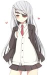  alternate_costume arm_behind_back bad_id bad_pixiv_id blush eyepatch heart infinite_stratos laura_bodewig long_hair looking_at_viewer meet_neet necktie red_eyes school_uniform silver_hair simple_background skirt solo sweater 