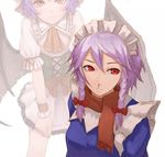  ascot bad_id bad_pixiv_id bat_wings blood blush bow braid corset face hair_bow inset izayoi_sakuya kurione_(zassou) lavender_hair looking_away maid_headdress multiple_girls nosebleed purple_hair red_eyes remilia_scarlet scarf short_hair simple_background skirt skirt_tug standing sweatdrop torn_wings touhou twin_braids wings wrist_cuffs 