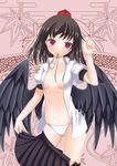  bad_id bad_pixiv_id black_wings blush breasts brown_hair dress_shirt expressionless godharo1 hat looking_at_viewer mouth_hold navel no_bra open_clothes open_shirt open_skirt panties red_eyes shameimaru_aya shirt short_hair skirt skirt_pull small_breasts solo string tokin_hat touhou underwear undressing white_panties wings 