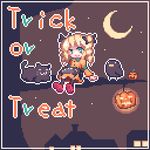  :3 bird bow cat crescent_moon drill_hair hair_bow halloween jack-o'-lantern kyako_youkan lowres moon numbers_(nanoha) original pixel_art pumpkin sitting solo tre_(nanoha) trick_or_treat twintails 