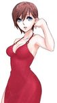  bare_shoulders blue_eyes breasts brown_hair chika_(piapro) cleavage dress hair_tucking medium_breasts meiko o-ring o-ring_top parted_lips red_dress short_hair simple_background vocaloid 
