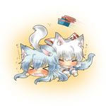  &gt;_&lt; =_= ^q^ animal_ears bad_id bad_pixiv_id blue_hair blush bow chibi closed_eyes dog_ears dog_tail drooling expressive_clothes fang fujiwara_no_mokou girl_on_top hair_bow hat heart kamishirasawa_keine kemonomimi_mode lying multiple_girls on_stomach open_mouth rebecca_(keinelove) silver_hair tail touhou wavy_mouth 