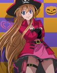  belt_pouch black_panties checkered checkered_background cosplay halloween haruyama_kazunori hat houjou_hibiki jack-o'-lantern jolly_roger leg_belt long_hair orange_hair panties pantyshot pantyshot_(standing) pirate pirate_costume pirate_hat pouch precure pumpkin skull skull_and_crossed_swords standing suite_precure underwear upskirt 