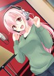  blush casual dutch_angle fingernails green_shirt hands headphones highres long_hair looking_at_viewer microphone nitroplus open_mouth pink_eyes pink_hair regdic ribbed_sweater shirt smile solo super_sonico sweater 