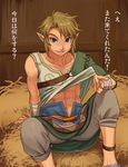  abs barn blonde_hair blue_eyes hay link male_focus navel pointy_ears shiwashiwa_no_kinchakubukuru smile solo the_legend_of_zelda the_legend_of_zelda:_twilight_princess translated 