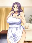  apron breasts enoshima_iki erect_nipples highres hips housewife large_breasts lips milf naked_apron purple_eyes purple_hair smile thick_thighs thighs wide_hips 