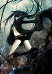  belt bikini_top black_hair black_rock_shooter black_rock_shooter_(character) blue_eyes boots burning_eye chain gloves glowing highres long_coat long_hair midriff quuni scar short_shorts shorts solo twintails very_long_hair 