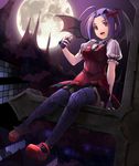  ahoge arm_support bat_wings black_legwear blue_hair dress fangs fingerless_gloves full_moon garter_straps gloves highres idolmaster idolmaster_(classic) idolmaster_2 kouzu_shou mary_janes miura_azusa moon my_dear_vampire open_mouth red_eyes shoes short_hair sitting solo spider_web_print thighhighs wings 