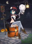  aqua_hair bag boots breasts capelet cleavage crescent_moon crossed_legs detached_sleeves ghost halloween hat highres jack-o'-lantern lantern maeda_risou midriff miniskirt moon navel night night_sky one_eye_closed original pleated_skirt pumpkin purple_eyes short_hair signpost sitting skirt sky small_breasts solo strapless thighhighs top_hat trick_or_treat tubetop umbrella witch_hat 