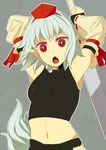  armpits arms_up bad_id bad_pixiv_id breasts detached_sleeves fang hat inubashiri_momiji midriff navel ogino_(oginogino) open_mouth pointy_ears red_eyes short_hair silver_hair simple_background small_breasts solo sword tail tokin_hat touhou upper_body weapon wolf_tail 