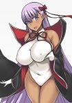  1girl bare_shoulders bb_(fate)_(all) bb_(fate/extra_ccc) black_cape blush breast_lift breasts cape commentary_request covered_collarbone covered_navel darabuchi dark_skin erect_nipples eyebrows_visible_through_hair eyes_visible_through_hair fate/grand_order fate_(series) gloves gradient grey_background hair_ribbon halterneck large_breasts legs_together leotard long_hair looking_at_viewer open_mouth purple_eyes purple_hair red_ribbon ribbon simple_background solo standing very_long_hair white_gloves white_leotard 