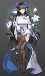  1girl absurdres alternate_costume ankle_ribbon bangs black_hair black_legwear blue_flower blush breasts bridal_gauntlets china_dress chinese_clothes cleavage closed_mouth commentary_request dress eyebrows_visible_through_hair fan flower full_body garter_straps girls_frontline gloves hair_flower hair_ornament hairband highres holding holding_fan jacket large_breasts long_hair long_sleeves looking_at_viewer no_shoes orn paper_fan qbz-95_(girls_frontline) ribbon shrug_(clothing) sidelocks sitting smile solo thighhighs uchiwa very_long_hair white_dress white_flower white_gloves white_hairband white_jacket white_ribbon white_sleeves yellow_eyes 