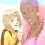  1girl bad_id bad_pixiv_id blonde_hair bruce_lee's_jumpsuit copyright_name dark_skin earrings eyelashes green_eyes huang_baoling jewelry lips lowres nathan_seymour open_mouth pink_eyes pink_hair shisamu short_hair smile tiger_&amp;_bunny 