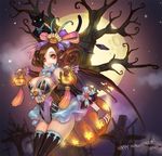  black_legwear breasts brown_hair cat curly_hair food_themed_hair_ornament full_moon hair_ornament hair_ribbon halloween happy_halloween long_hair medium_breasts moon night olivia_(yh) original pumpkin pumpkin_hair_ornament ribbon solo striped striped_legwear thighhighs tree vertical-striped_legwear vertical_stripes 