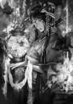  1girl absurdres black_hair chains comb fantasy fish flower goldfish greyscale hair_flower hair_ornament hair_stick highres idarintarou japanese_clothes kimono lantern long_hair monochrome morning_glory original paper_lantern sidelocks solo very_long_hair 