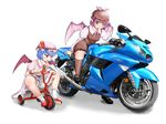  animal_ears bat_wings bloomers blue_hair brown_dress dress fang grey_eyes ground_vehicle hat helmet motor_vehicle motorcycle multiple_girls mystia_lorelei nishishi open_mouth pink_dress pink_hair red_eyes remilia_scarlet shirt smile sweatdrop touhou tricycle underwear upskirt wings 