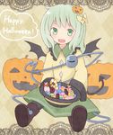  argyle argyle_background blush candy chocolate demon_tail demon_wings eyeball fang food food_themed_hair_ornament green_eyes green_hair hair_ornament halloween happy_halloween hat hat_basket hat_removed headwear_removed heart holding holding_hat jack-o'-lantern komeiji_koishi open_mouth pumpkin pumpkin_hair_ornament short_hair silver_hair skirt solo sun_hat tail third_eye touhou wings yamase yellow_background 