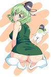  ass bad_id bad_pixiv_id blush daikon from_behind ghost_tail green_eyes green_hair hat highres looking_back moisture_(chichi) multiple_tails radish short_hair simple_background sitting soga_no_tojiko solo tail tate_eboshi touhou white_legwear 