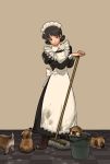  apron black_eyes black_hair broom brown_footwear bucket dog dress frills frown highres idarintarou indoors juliet_sleeves long_sleeves looking_down maid mop original paw_print pinafore_dress puffy_sleeves puppy shoes short_hair standing tile_floor tiles 