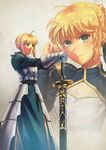  ahoge armor armored_dress artoria_pendragon_(all) bad_id bad_pixiv_id blonde_hair caliburn dress fate/stay_night fate_(series) gauntlets green_eyes hair_ribbon highres qq416283157 ribbon saber sword weapon 