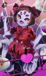 :3 :d bangs blue_skin blunt_bangs blurry blurry_foreground blush bow bowtie brown_hair bubble_skirt cup depth_of_field doughnut dress extra_arms extra_eyes fangs fewer_digits food hair_bow halftone halftone_background heart holding ikeuchi_tanuma insect_girl looking_at_viewer muffet open_mouth puffy_short_sleeves puffy_sleeves red_bow red_dress red_eyes red_neckwear short_hair short_sleeves silk skirt smile spider_girl spider_web teacup twintails twitter_username undertale 