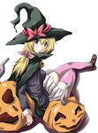  blonde_hair charlotte_dunois from_behind halloween hat infinite_stratos jack-o'-lantern long_hair looking_back mister_(black_and_white) pumpkin purple_eyes solo thighhighs witch_hat 