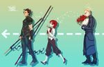  2boys armor bad_id bad_pixiv_id black_hair blonde_hair bouquet directional_arrow dual_wielding fate/zero fate_(series) flower gae_buidhe gae_dearg highres holding kayneth_el-melloi_archibald lancer_(fate/zero) multiple_boys oniiiiku polearm red_hair rose sola-ui_nuada-re_sophia-ri spear walking weapon 