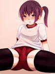  1boy black_legwear black_thighhighs blush bulge buruma crossdressing erection erection_under_clothes frown hair_ornament heart heart_hair_ornament long_hair looking_at_viewer male male_focus original ponytail purple_hair red_eyes side_ponytail sitting solo spread_legs the_words thighhighs trap wachiwo 