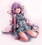  al_azif demonbane goichi green_eyes hair_ribbon kneeling long_hair purple_hair ribbon solo wrist_cuffs 