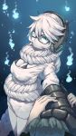  absurdly_long_hair black-framed_eyewear blue_eyes braid breasts dress gauntlets glasses glowing glowing_eyes hair_scarf headphones highres kantai_collection large_breasts long_hair pale_skin rou_(rou22) shinkaisei-kan single_braid supply_depot_hime underwater very_long_hair white_hair 