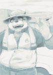  2019 anthro clothed clothing eyewear glasses gloves hat humanoid_hands male mammal overweight overweight_male solo straw_hat tokyo_afterschool_summoners towel ursine video_games volos yakiniku 