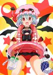  alternate_costume ball beachball binoculars blue_hair elbow_pads fangs flapping gloves goggles goggles_on_head highres innertube one-piece_swimsuit open_mouth red_eyes remilia_scarlet solo sonjow4 star swimsuit touhou wings 