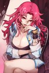  artist_request belt bracelet breasts cleavage coat crossed_legs hand_on_own_chin jewelry large_breasts long_hair lowres open_mouth pink_eyes pink_hair ring shorts sitting solo sword_girls wrist_cuffs 