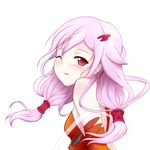  backless_outfit bare_shoulders blush detached_sleeves guilty_crown iray long_hair looking_back one_eye_closed pink_hair red_eyes solo twintails yuzuriha_inori 