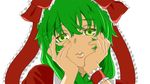  face frills front_ponytail green_eyes green_hair hair_between_eyes hair_ornament hair_ribbon hands_on_own_cheeks hands_on_own_face kagiyama_hina long_hair open_mouth parody ribbon solo theo1227 touhou white_background wrist_cuffs yandere yandere_trance 