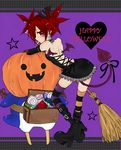  bat_wings boots broom cosplay demon_girl demon_tail devil_tail disgaea etna halloween hat prinny pumpkin red_eyes red_hair striped striped_legwear tail wings witch_hat 