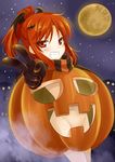  bat bat_wings black_gloves blush full_moon gloves grin groin hair_ornament hairpin halloween highres jack-o'-lantern moon naked_pumpkin night okitakung orange_eyes orange_hair original ponytail pumpkin pumpkin_costume red_eyes red_hair scarf sidelocks sky smile solo star_(sky) striped striped_scarf v wings 