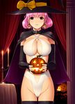  black_gloves black_legwear blush bob_cut breasts brown_eyes cameltoe candle cape capelet cleavage cleavage_cutout dragon@harry earrings elbow_gloves fingerless_gloves gloves groin halloween hat highres jack-o'-lantern jack-o'-lantern_earrings jewelry large_breasts looking_at_viewer original pink_hair pumpkin shiny shiny_skin short_hair solo thighhighs witch witch_hat 
