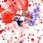  bike_shorts closed_eyes crown dress epaulettes falling gown harutou_(ticta) himemiya_anthy holding_hands long_hair multiple_girls petals pink_hair purple_hair shoujo_kakumei_utena tenjou_utena traditional_media upside-down watercolor_(medium) 