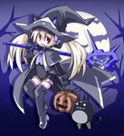  animal_ears bat black_gloves blonde_hair cat_ears cat_tail exice-zero full_moon gloves hair_ribbon halloween hat highres jack-o'-lantern kugelschreiber long_hair moon ogitsuki open_mouth original pumpkin red_eyes ribbon solo staff tail thighhighs twintails ukagaka witch_hat zettai_ryouiki 