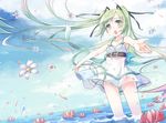  bare_shoulders blue_sky blush breasts buckle cleavage cloud day dress flower foreshortening green_eyes green_hair hatsune_miku jin_young-in long_hair open_mouth outstretched_arms panties petals see-through skirt sky small_breasts solo spread_arms sundress twintails underwear very_long_hair vocaloid wading water white_skirt wind 