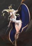  arm_up blonde_hair blue_eyes boots epaulettes flag garrison_cap gloves hat highres holding jewelry knee_boots konma long_hair macross macross_frontier macross_frontier:_sayonara_no_tsubasa medal military military_uniform sheryl_nome single_earring solo standing thigh_gap torn_clothes uniform white_gloves 