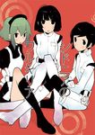  androgynous black_eyes black_hair black_legwear boots dowman_sayman hoshijiro_shizuka kneehighs midorikawa_yuhata multiple_girls shinatose_izana short_hair sidonia_no_kishi sitting thighhighs 