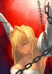  archetype_earth arcueid_brunestud armpits arms_up bare_shoulders blonde_hair breasts chain chained cleavage detached_sleeves dress highres large_breasts long_hair melty_blood red_eyes solo strapless strapless_dress taii_gp01 tsukihime 